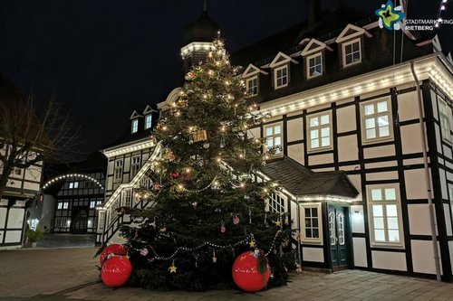 Geschmückter Weihnachtsbaum vor dem Rathaus.